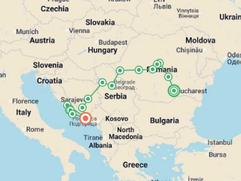 Map itinerary of Balkans Tour in Fall with 10 destination visits for the trip: The Balkans and the Islands of the Dalmatian Coast