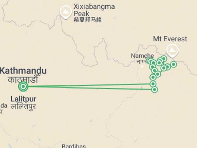 Map itinerary of Nepal Tour in Winter with 17 destination visits for the trip: Island Peak Climbing with Everest Base Camp and Gokyo
