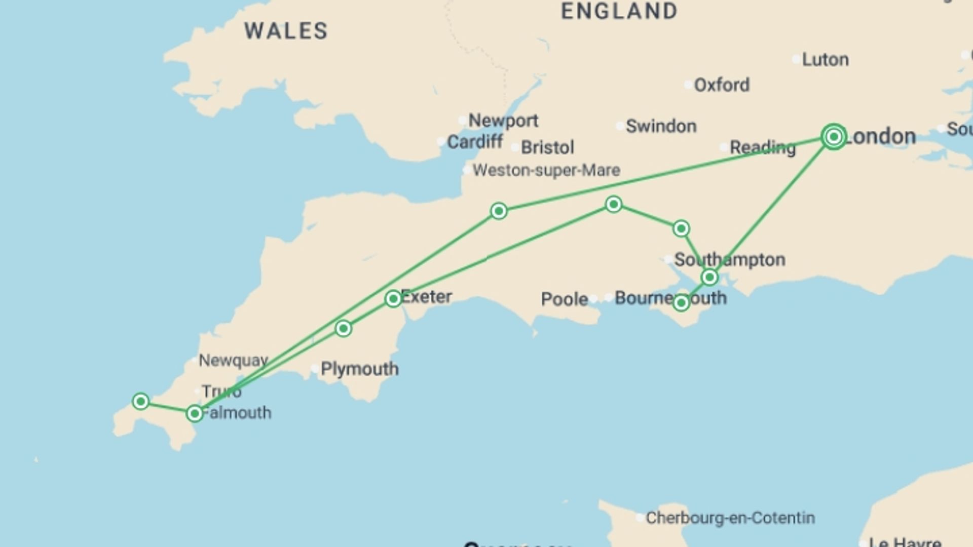 A map showing the tour itinerary for the trip: Southern England & Stonehenge (Hotel) - 7 days, starting in London, England and ending in London, England going through 3 other destinations.