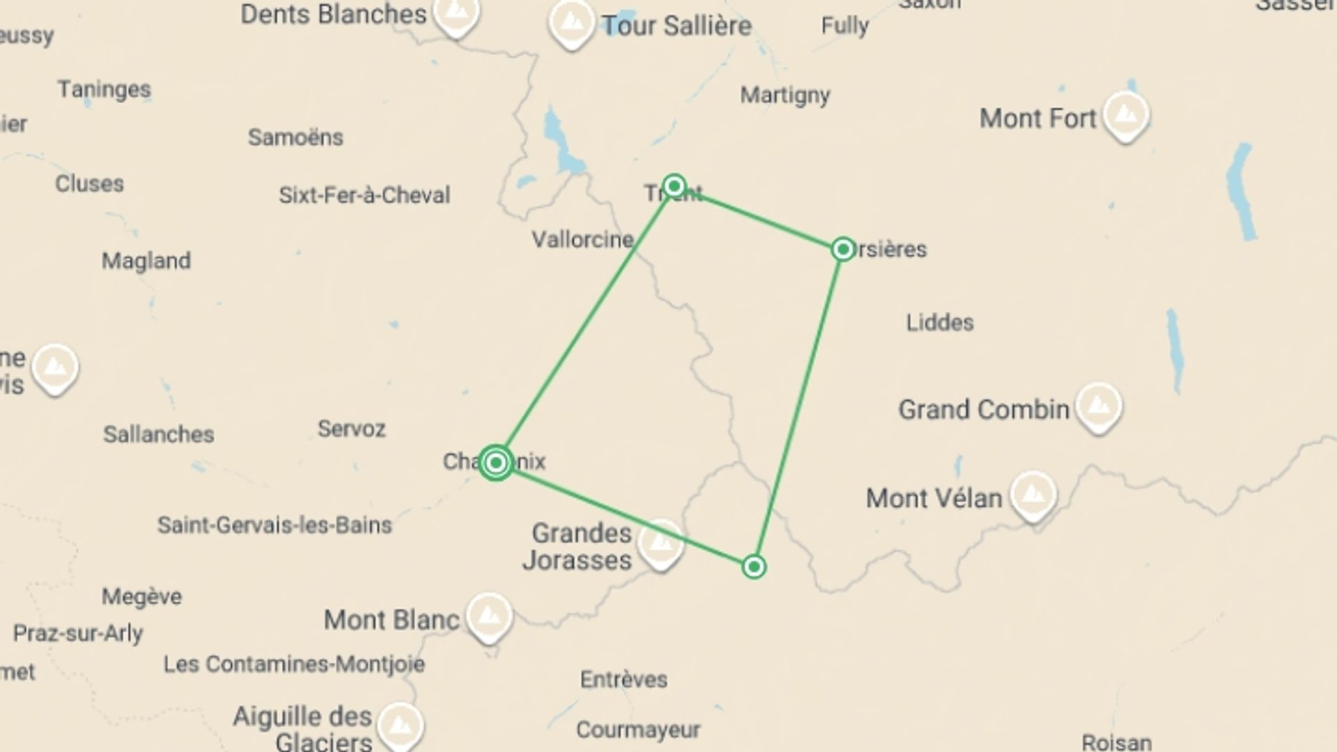 A map showing the tour itinerary for the trip: Mont Blanc Guided Hike Classic, starting in Chamonix, France and ending in Chamonix, France going through 3 other destinations.