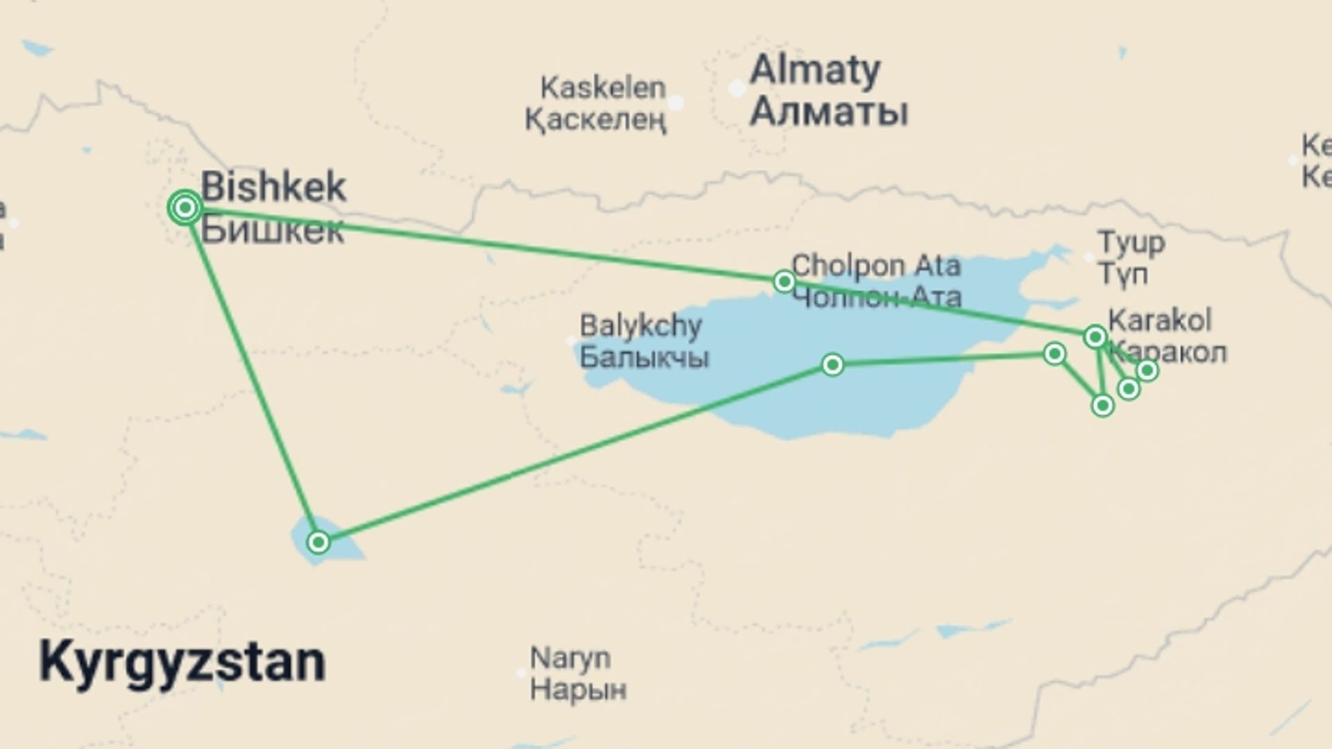 A map showing the tour itinerary for the trip: Kyrgyzstan & the Tian Shan Mountains, starting in Bishkek, Kyrgyzstan and ending in Bishkek, Kyrgyzstan going through 8 other destinations.