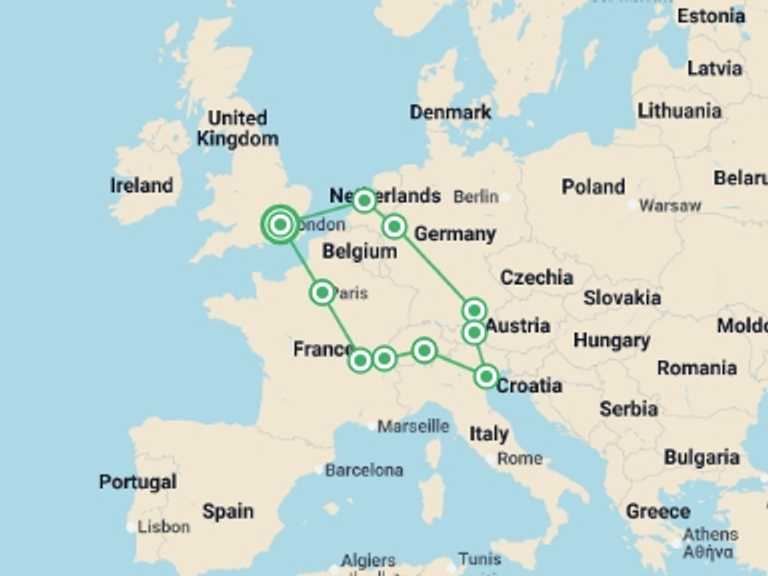Map of Europe Tour with 9 destination visits for the trip: European Horizon