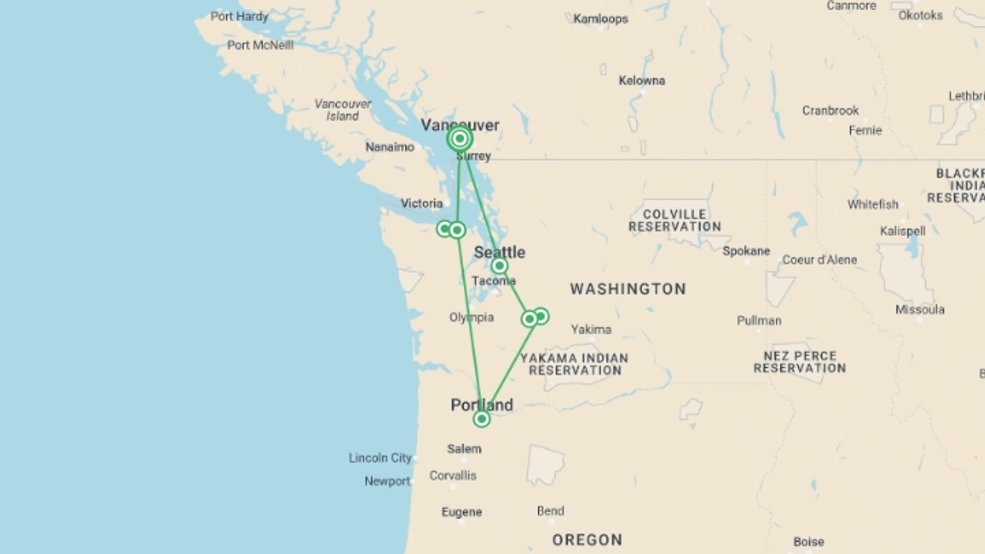 A map showing the tour itinerary for the trip: Discover the Pacific Northwest, starting in Vancouver, Canada and ending in Vancouver, Canada going through 5 other destinations.