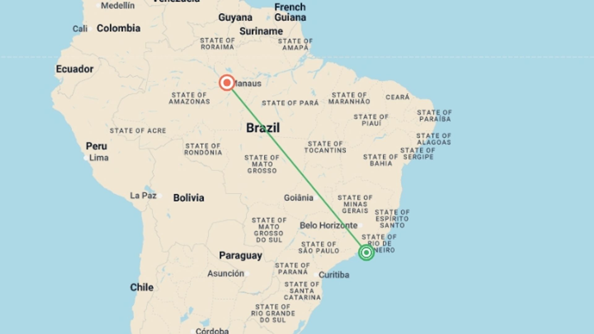 A map showing the tour itinerary for the trip: 9 Days in Rio de Janeiro and Manaus, starting in Rio de Janeiro, Brazil and ending in Manaus, Brazil going through 0 other destinations.