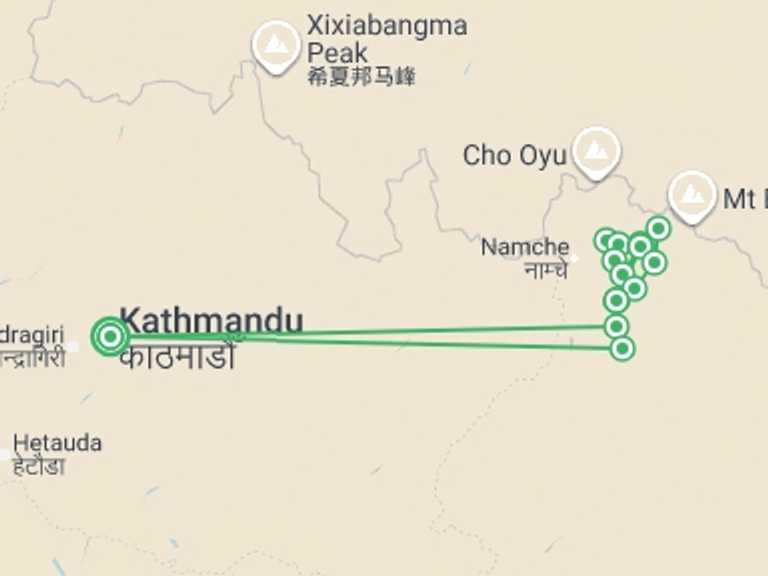 Map itinerary of Kathmandu Tour in March 2026 with 13 destination visits for the trip: Everest & Gokyo Lakes Circuit