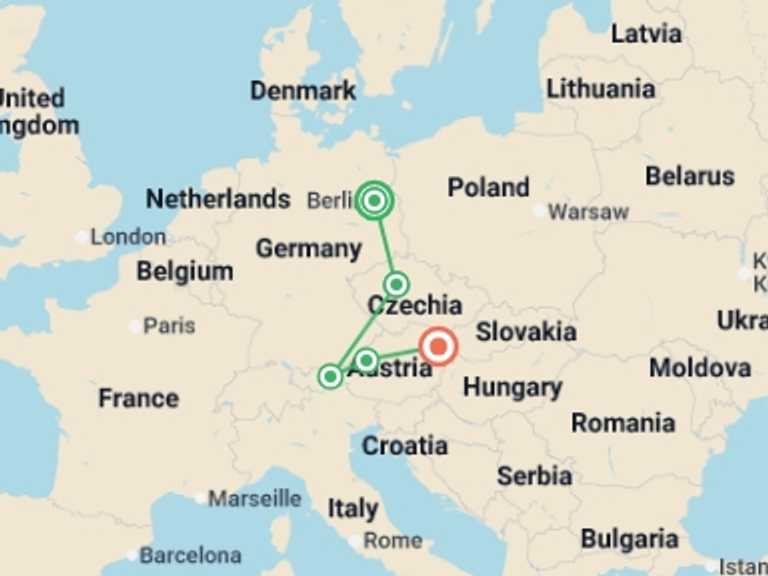 Map itinerary of Europe Tour in June 2026 with 5 destination visits for the trip: Three Capitals GO