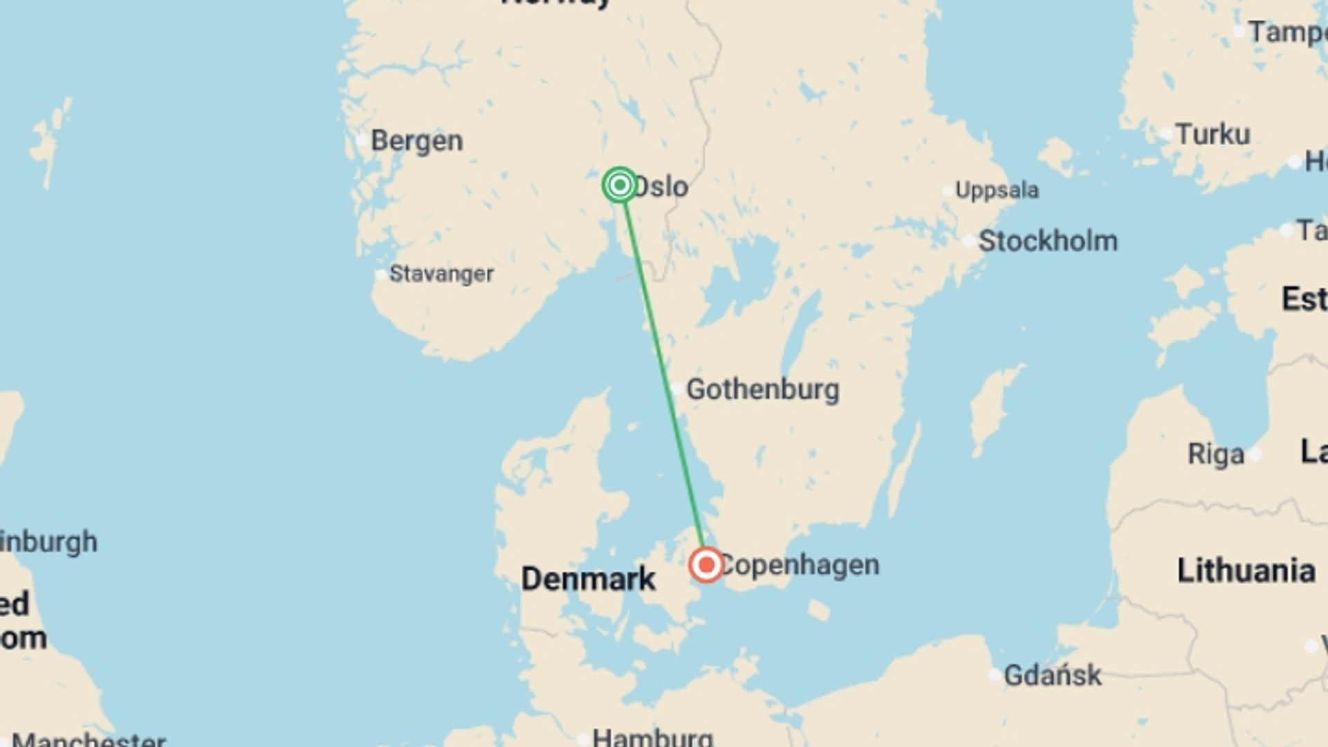 A map showing the tour itinerary for the trip: Oslo and Copenhagen, starting in Oslo, Norway and ending in Copenhagen, Denmark going through 0 other destinations.