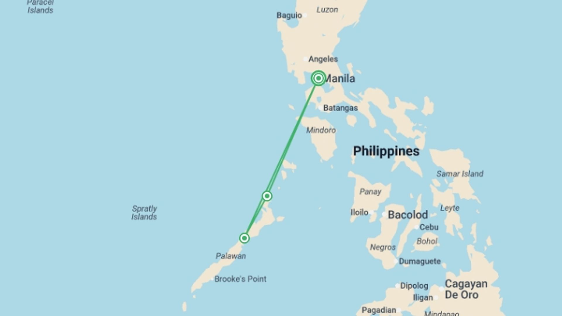 A map showing the tour itinerary for the trip: Best of Palawan & Manila - 8 days, starting in Manila, Philippines and ending in Manila, Philippines going through 2 other destinations.