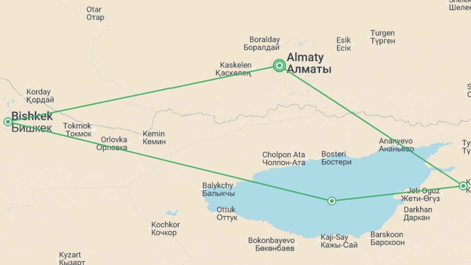 A map showing the tour itinerary for the trip: Premium Kazakhstan and Kyrgyzstan, starting in Almaty, Kazakhstan and ending in Almaty, Kazakhstan going through 3 other destinations.
