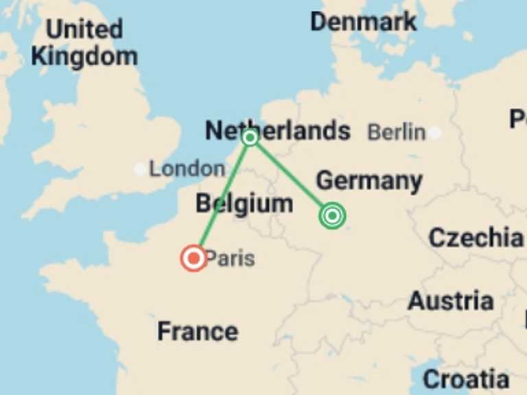 Map itinerary of Europe Tour in January 2027 with 3 destination visits for the trip: From Frankfurt to Paris