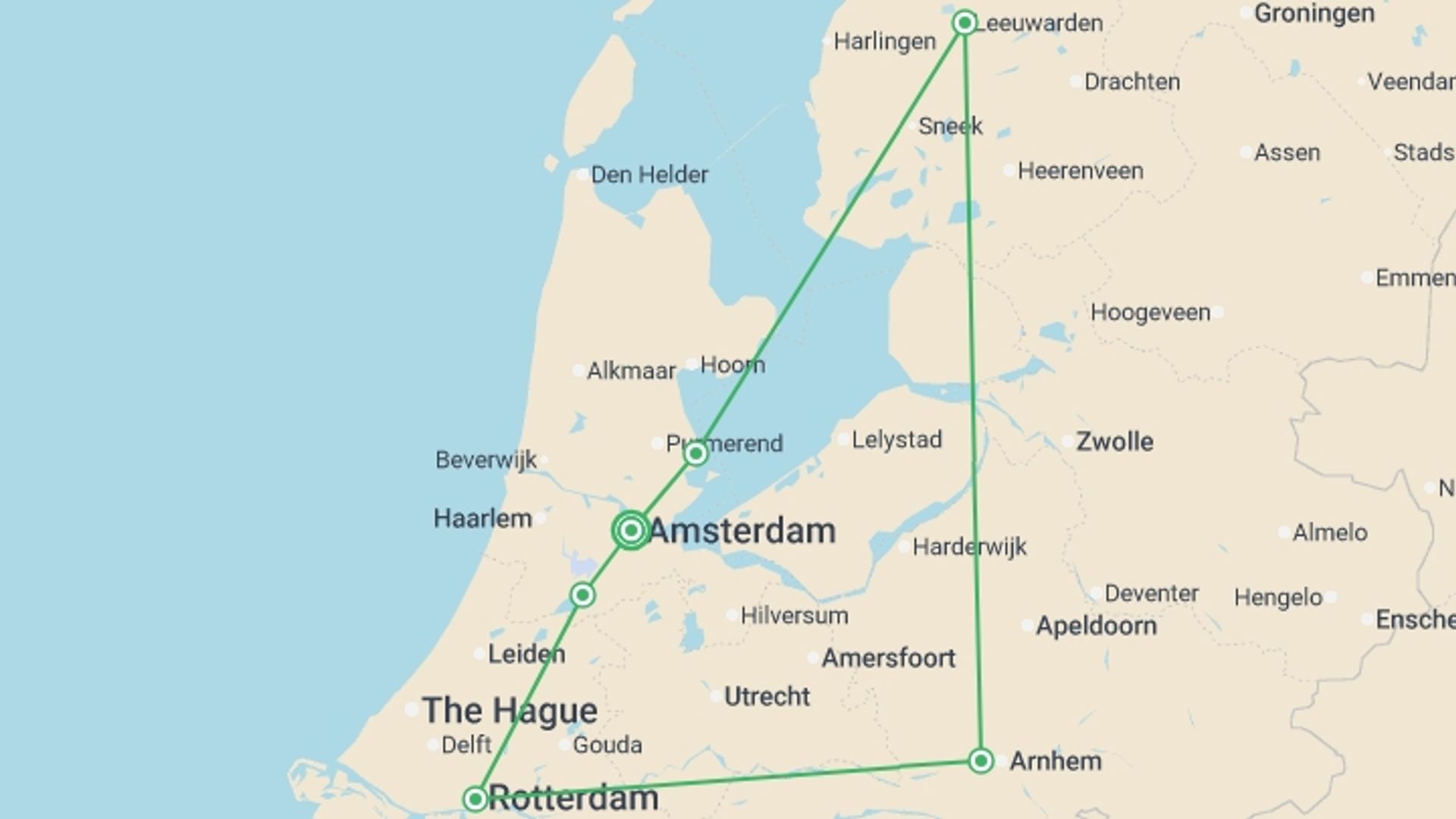 A map showing the tour itinerary for the trip: Best of Holland, starting in Amsterdam, Holland and ending in Amsterdam, Holland going through 3 other destinations.