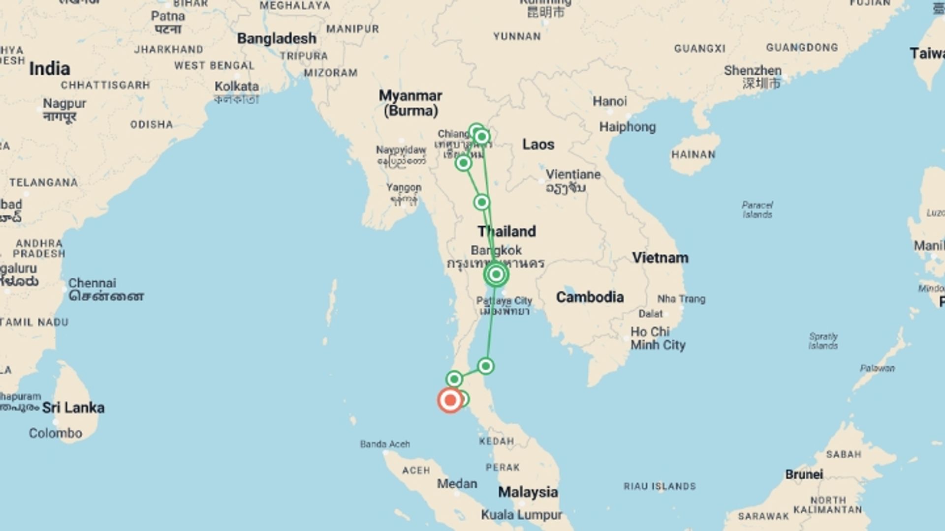 A map showing the tour itinerary for the trip: Real Thailand, starting in Bangkok, Thailand and ending in Phuket, Thailand going through 7 other destinations.
