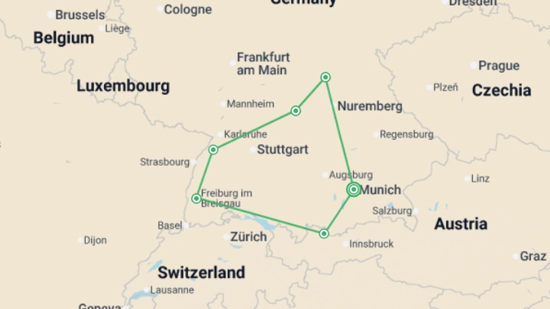 A map showing the tour itinerary for the trip: A Journey through Germany, starting in Munich, Germany and ending in Munich, Germany going through 5 other destinations.