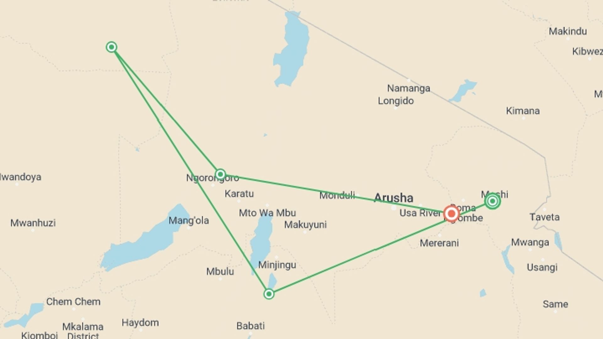 A map showing the tour itinerary for the trip: Tanzania Big Five - Private Experience, starting in Moshi, Tanzania and ending in Kilimanjaro International Airport, Tanzania going through 3 other destinations.