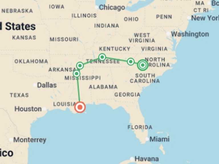 Map itinerary of North America Tour in April 2026 with 6 destination visits for the trip: USA's Deep South - Country & Blues