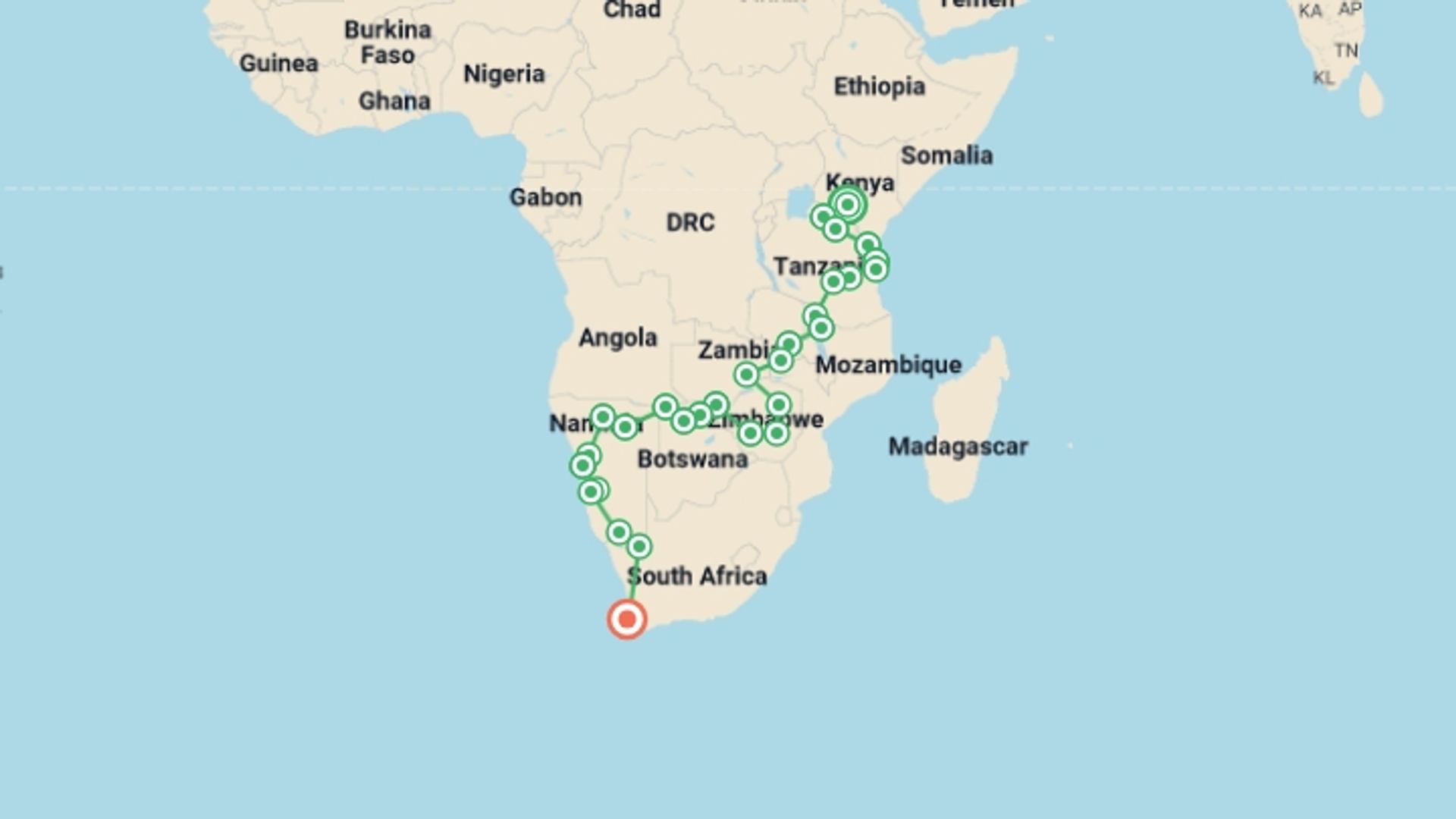 A map showing the tour itinerary for the trip: Kenya to Cape Town, starting in Nairobi, Kenya and ending in Cape Town, South Africa going through 27 other destinations.
