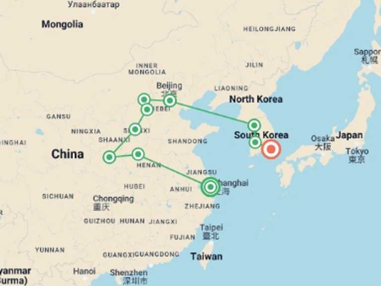 Map of Seoul Explorer Tour with 10 destination visits for the trip: Wonders of China and Korea Classics