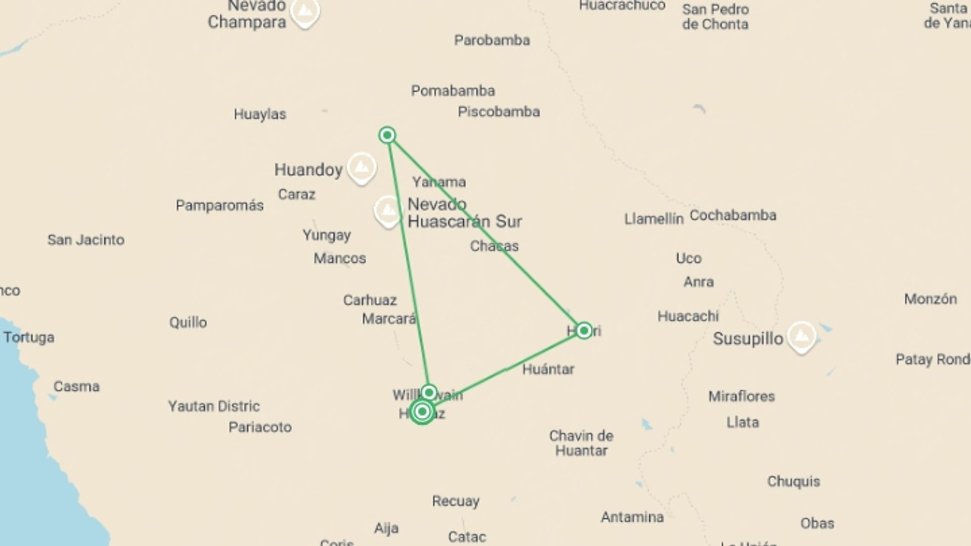 A map showing the tour itinerary for the trip: Santa Cruz Trek 4D/3N, starting in Huaraz, Peru and ending in Huaraz, Peru going through 3 other destinations.