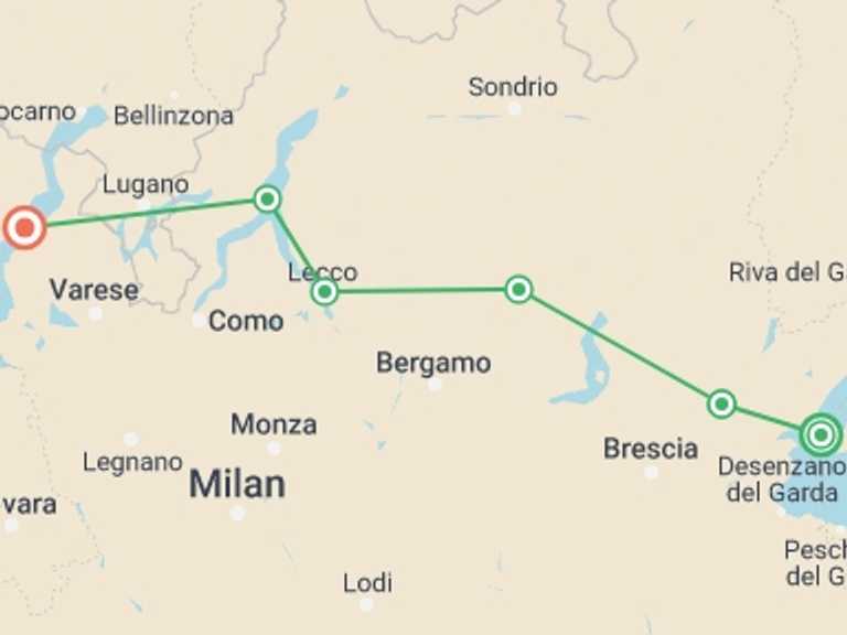 Map of Lake Como Tour with 6 destination visits for the trip: Cycling the Italian Lakes