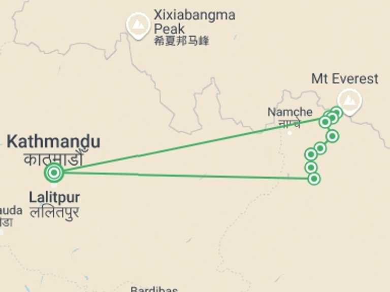 Map itinerary of Nepal Tour in Winter with 8 destination visits for the trip: Everest Base Camp Trek With Chopper Return (9 Days)