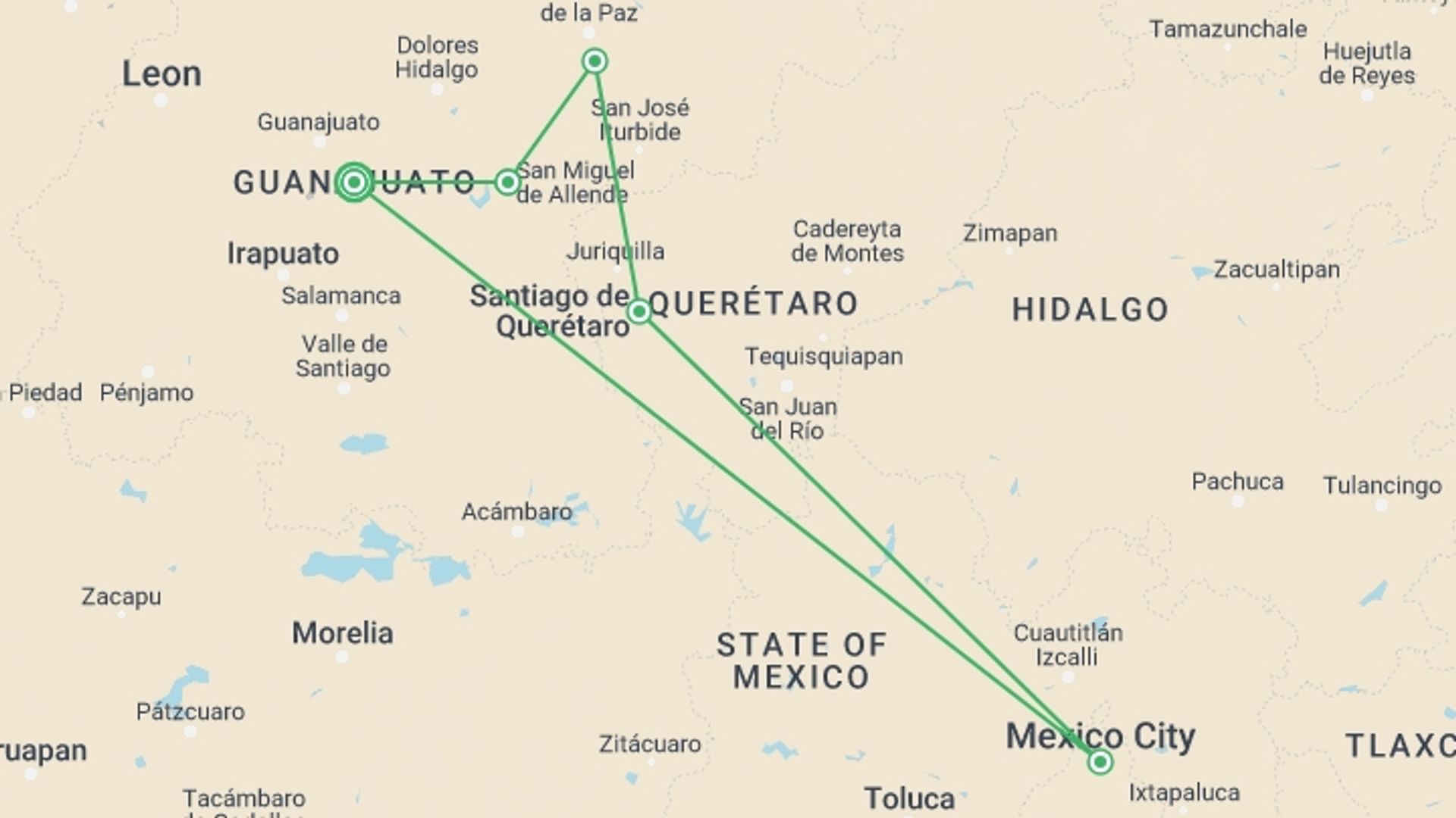 A map showing the tour itinerary for the trip: Guanajuato Tour: Unesco Cities, Baroque Past And More (8 Days), starting in Guanajuato, Mexico and ending in Guanajuato, Mexico going through 4 other destinations.