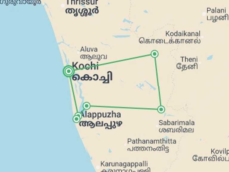 Map of Asia Tour with 5 destination visits for the trip: Captivating Kerala - 8 days