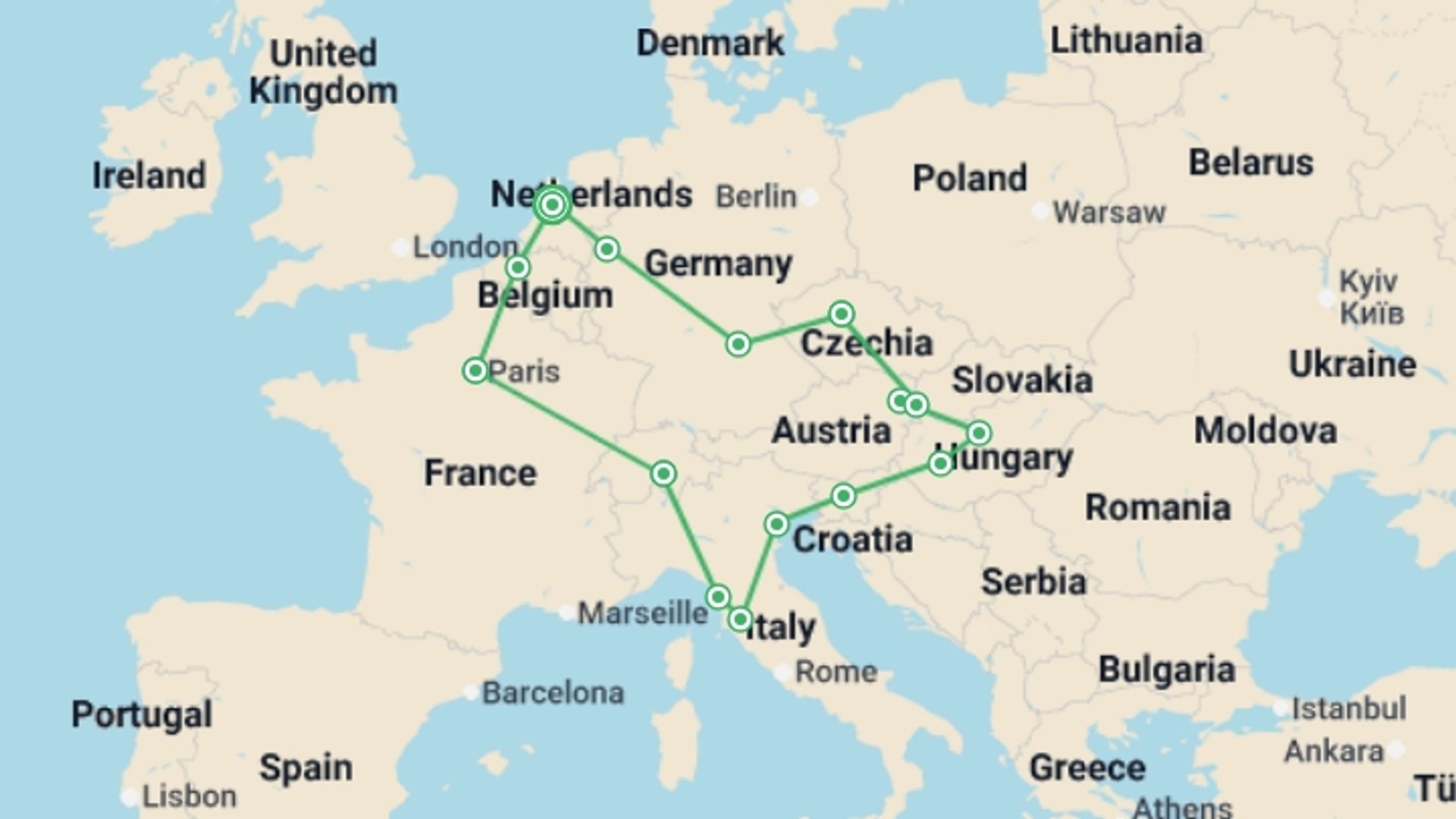 A map showing the tour itinerary for the trip: Europe Jewel, starting in Amsterdam, Holland and ending in Amsterdam, Holland going through 10 other destinations.
