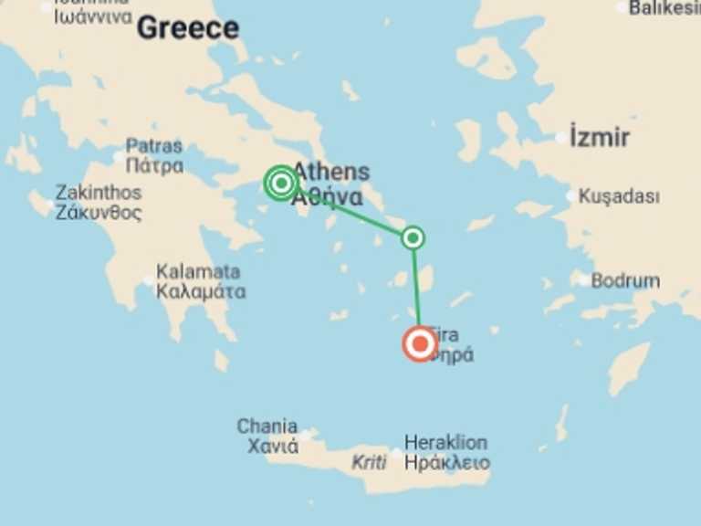 Map of Europe Beach Tour with 3 destination visits for the trip: Athens to Mykonos & Santorini - 7 days