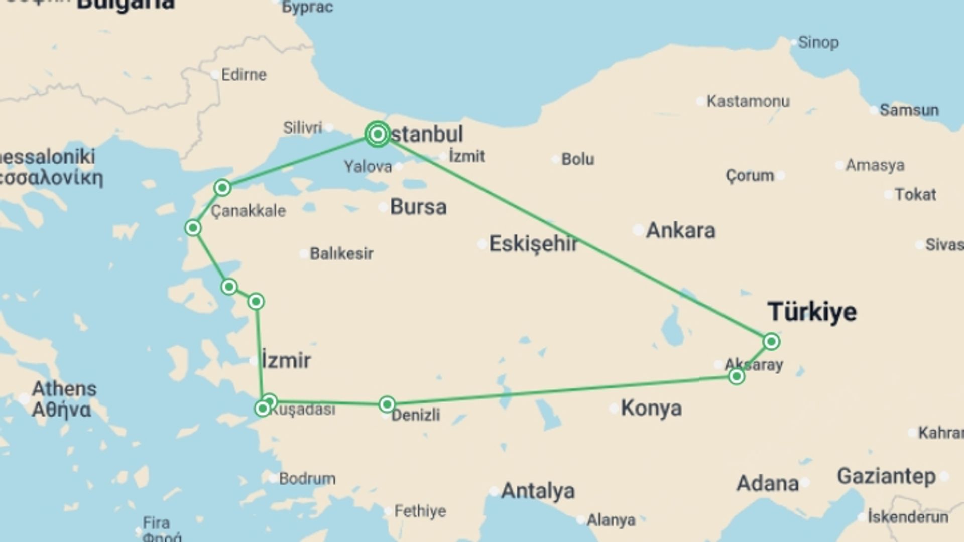 A map showing the tour itinerary for the trip: Anzac Day Tour-12 Days, starting in Istanbul, Turkey and ending in Istanbul, Turkey going through 5 other destinations.