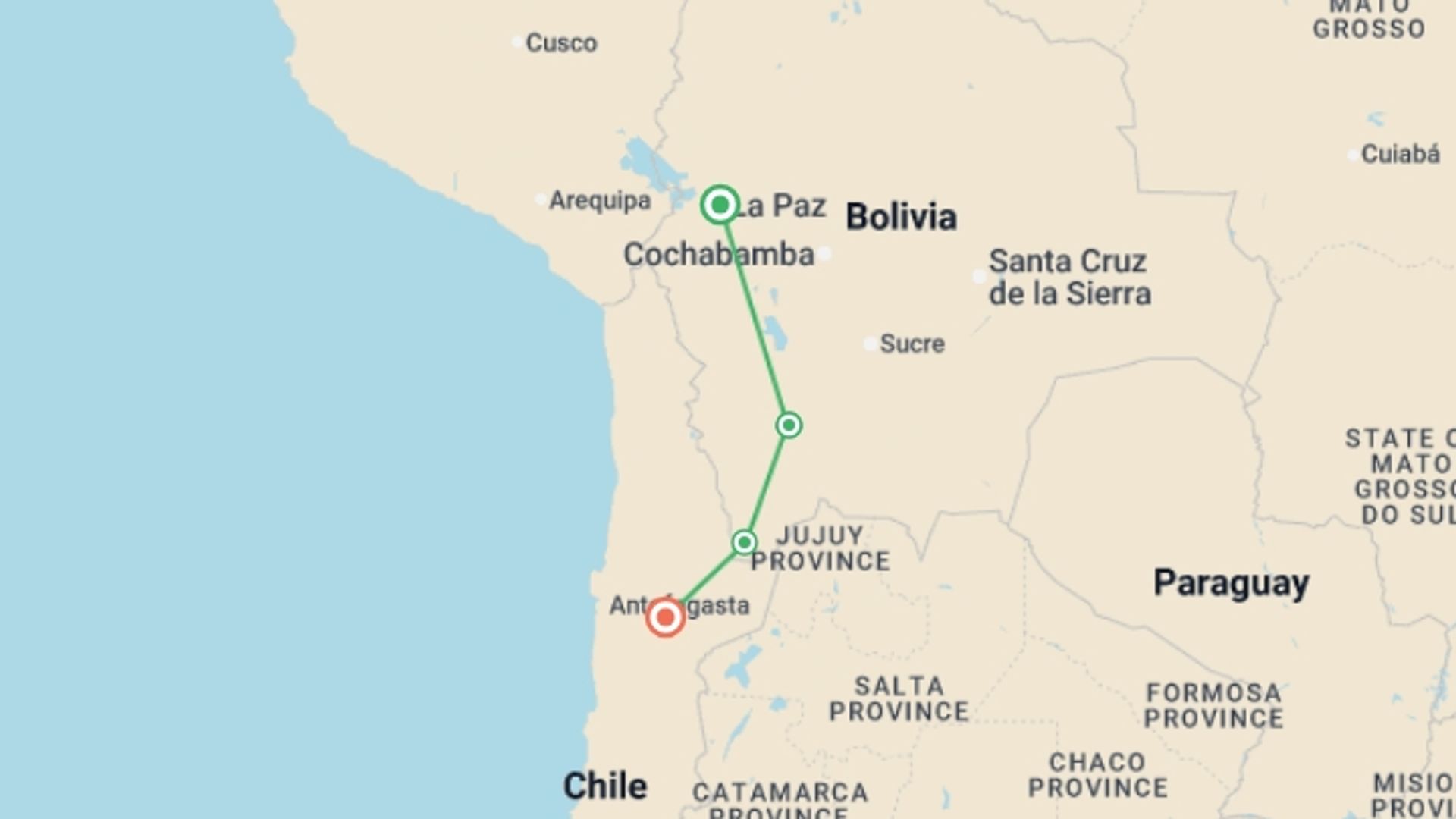 A map showing the tour itinerary for the trip: Bolivia Salt Flats & Deserts - 4 days, starting in La Paz, Bolivia and ending in Atacama Desert, Chile going through 2 other destinations.