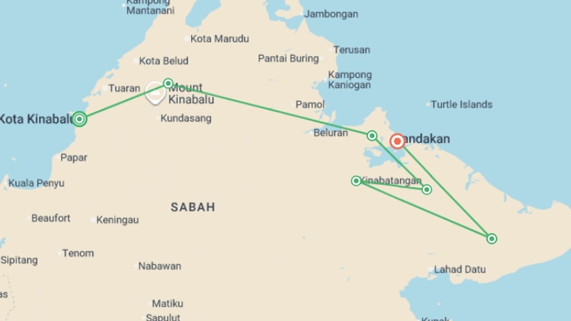 A map showing the tour itinerary for the trip: Borneo Sabah Wildlife Highlights, starting in Kota Kinabalu, Malaysia and ending in Sandakan, Malaysia going through 5 other destinations.