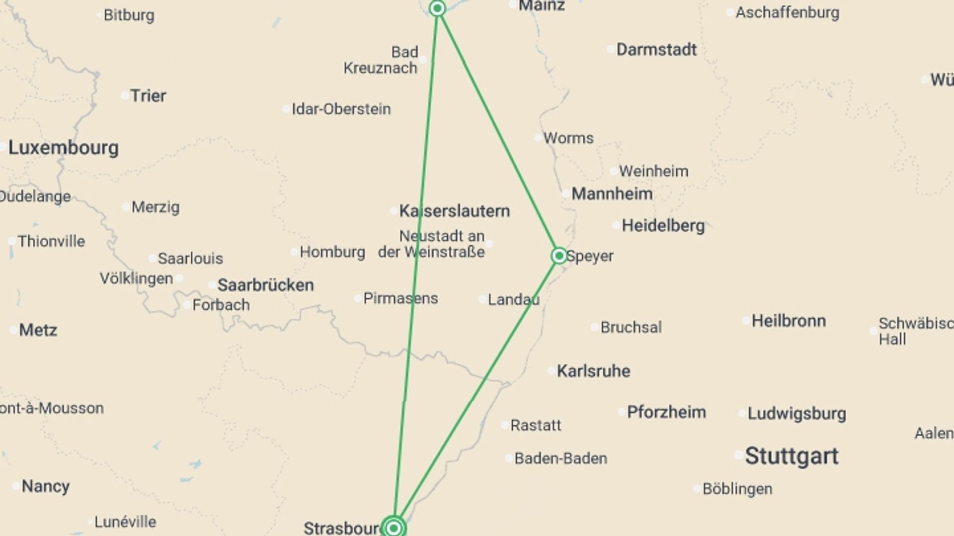 A map showing the tour itinerary for the trip: Cruise Festival: Legends, Festivities, and Delicacies on the Romantic Rhine River, starting in Strasbourg, France and ending in Strasbourg, France going through 2 other destinations.