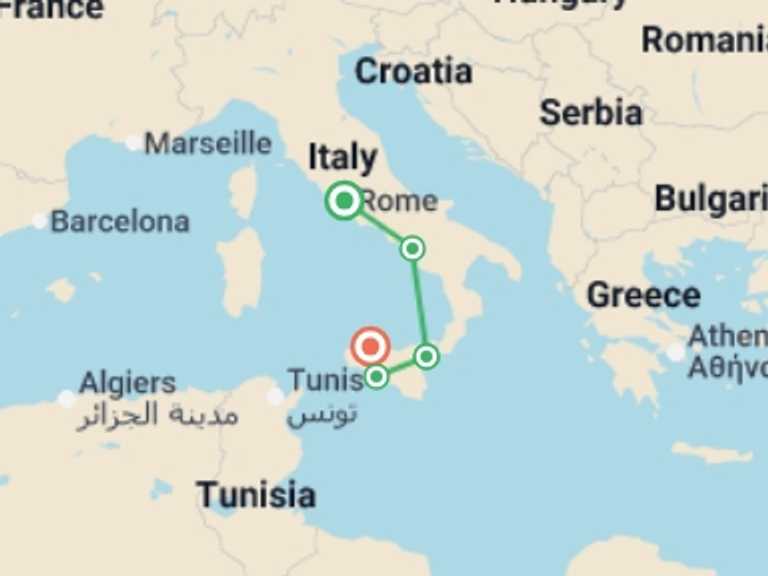 Map itinerary of Europe Tour in Fall with 5 destination visits for the trip: Sicily and Southern Italy  Ending in Palermo