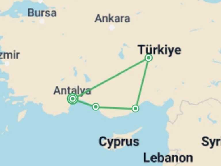 Map of Turkey Tour with 4 destination visits for the trip: From Antalya To Cappadocia, Self-drive