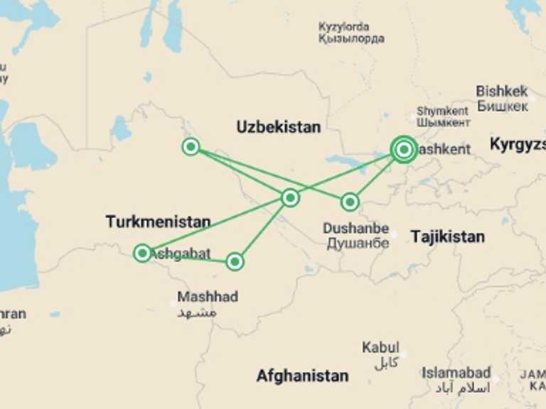 Map itinerary of Asia Tour in May 2026 with 6 destination visits for the trip: Wonders of the Silk Road