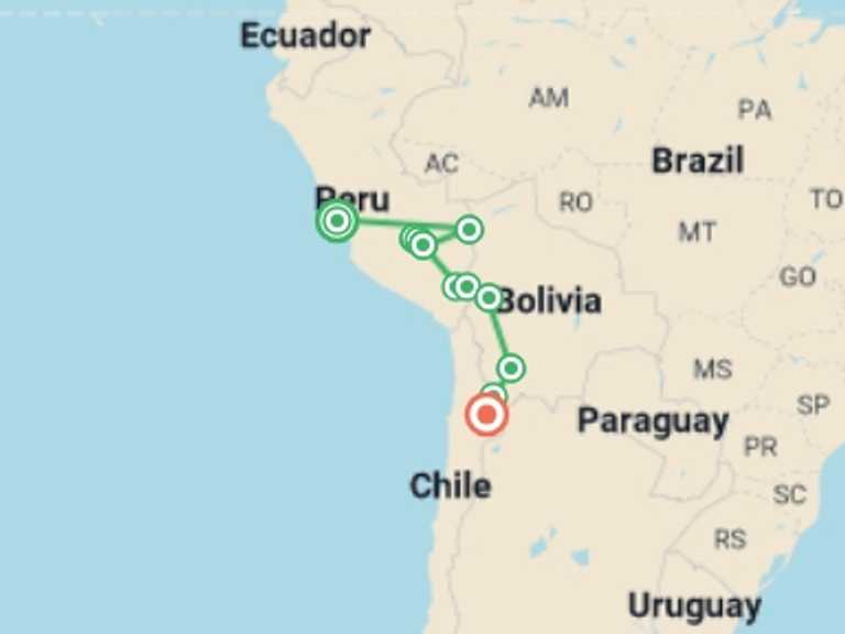 Map itinerary of Andes Tour in October 2027 with 11 destination visits for the trip: Peru & Bolivia Encounter