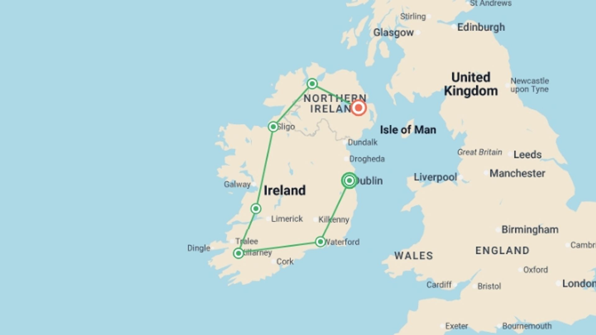 A map showing the tour itinerary for the trip: Shades of Ireland , starting in Dublin, Ireland and ending in Belfast, Ireland going through 1 other destinations.