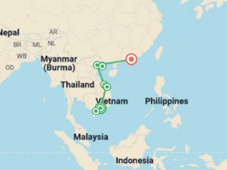 Map of Asia Tour with 7 destination visits for the trip: Best Of Vietnam and Hong Kong