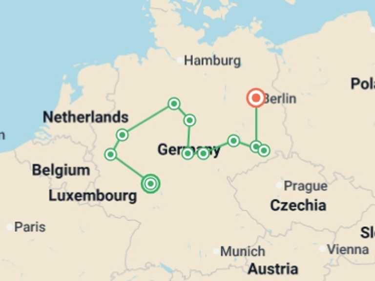 Map itinerary of Berlin Tour in February 2026 with 6 destination visits for the trip: Tour of the Heart of Germany, Ending in Berlin