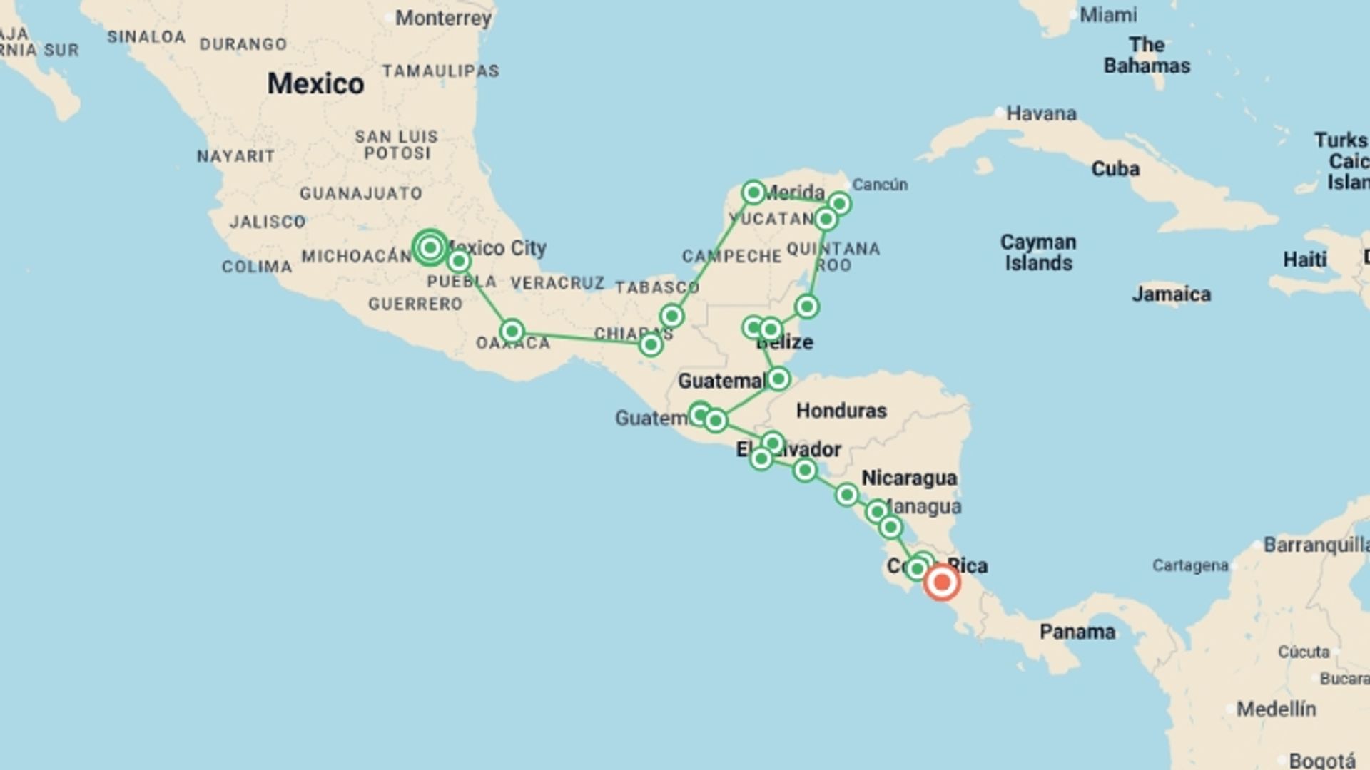 A map showing the tour itinerary for the trip: Epic Central America, starting in Mexico City, Mexico and ending in San Jose, Costa Rica going through 22 other destinations.
