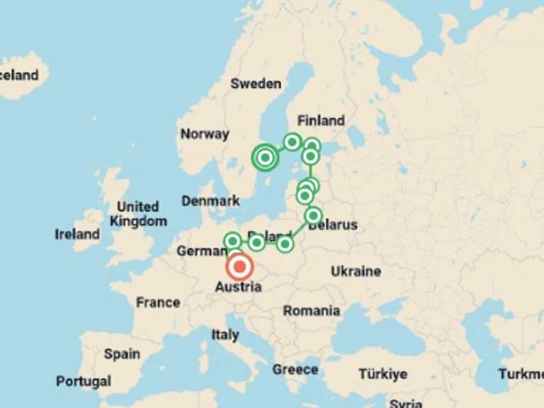 Map itinerary of Europe Tour in July 2026 with 10 destination visits for the trip: Baltic Capitals End Prague