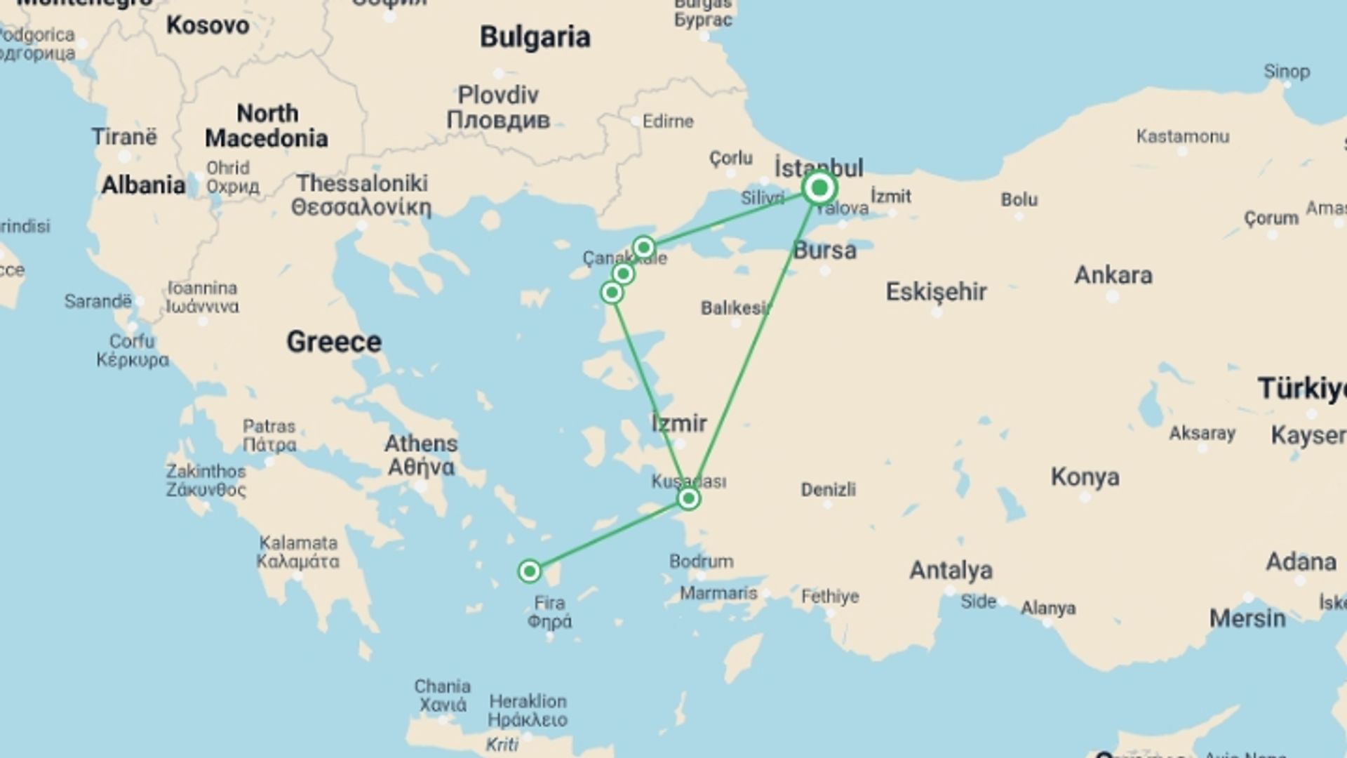 A map showing the tour itinerary for the trip: Western Ballads | 3 Days, starting in Istanbul, Turkey and ending in Istanbul, Turkey going through 2 other destinations.
