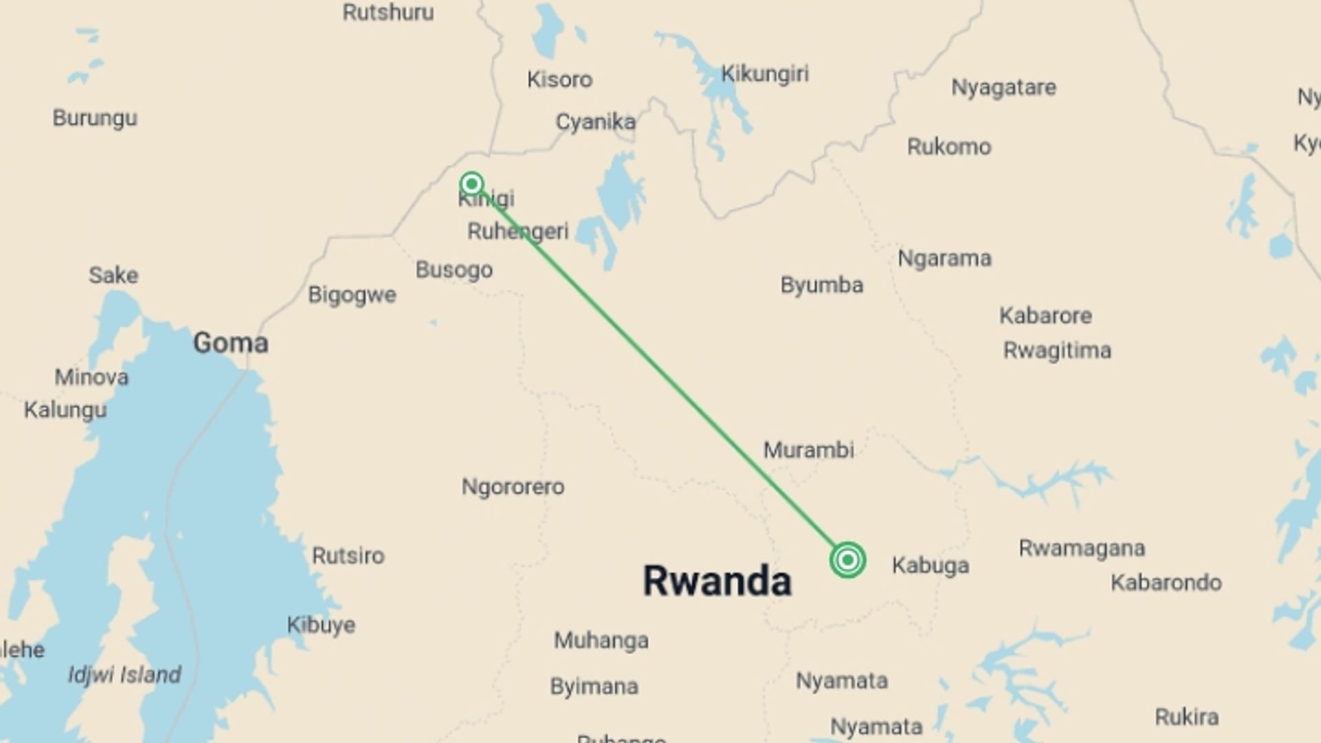 A map showing the tour itinerary for the trip: Three Day Rwanda Gorilla Trekking Safari, starting in Kigali, Rwanda and ending in Kigali, Rwanda going through 1 other destinations.