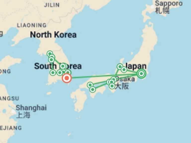 Map of Asia Tour with 12 destination visits for the trip: Sakura Dreams with South Korea