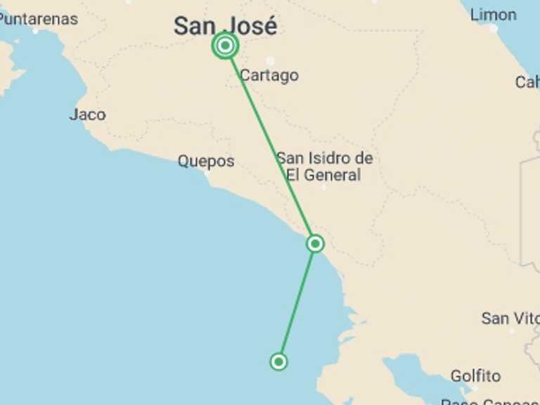 Map of San Jose Getaways and short breaks Tour with 2 destination visits for the trip: Uvita Beach, Short Break