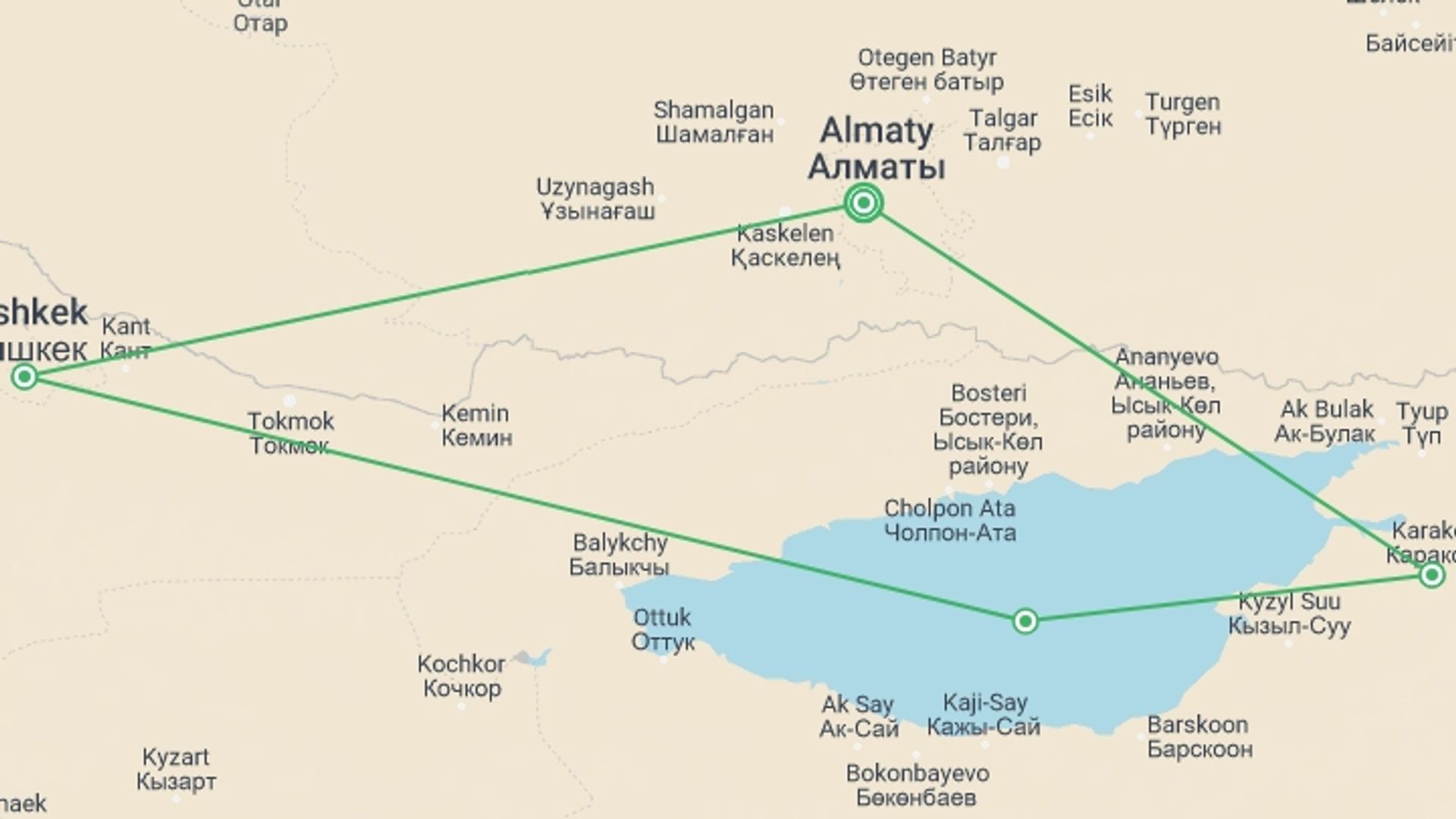 A map showing the tour itinerary for the trip: Premium Kazakhstan and Kyrgyzstan, starting in Almaty, Kazakhstan and ending in Almaty, Kazakhstan going through 3 other destinations.
