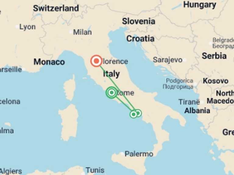 Map itinerary of Italy Tour in June 2026 with 6 destination visits for the trip: Italian Treasures: Rome, Sorrento & Florence