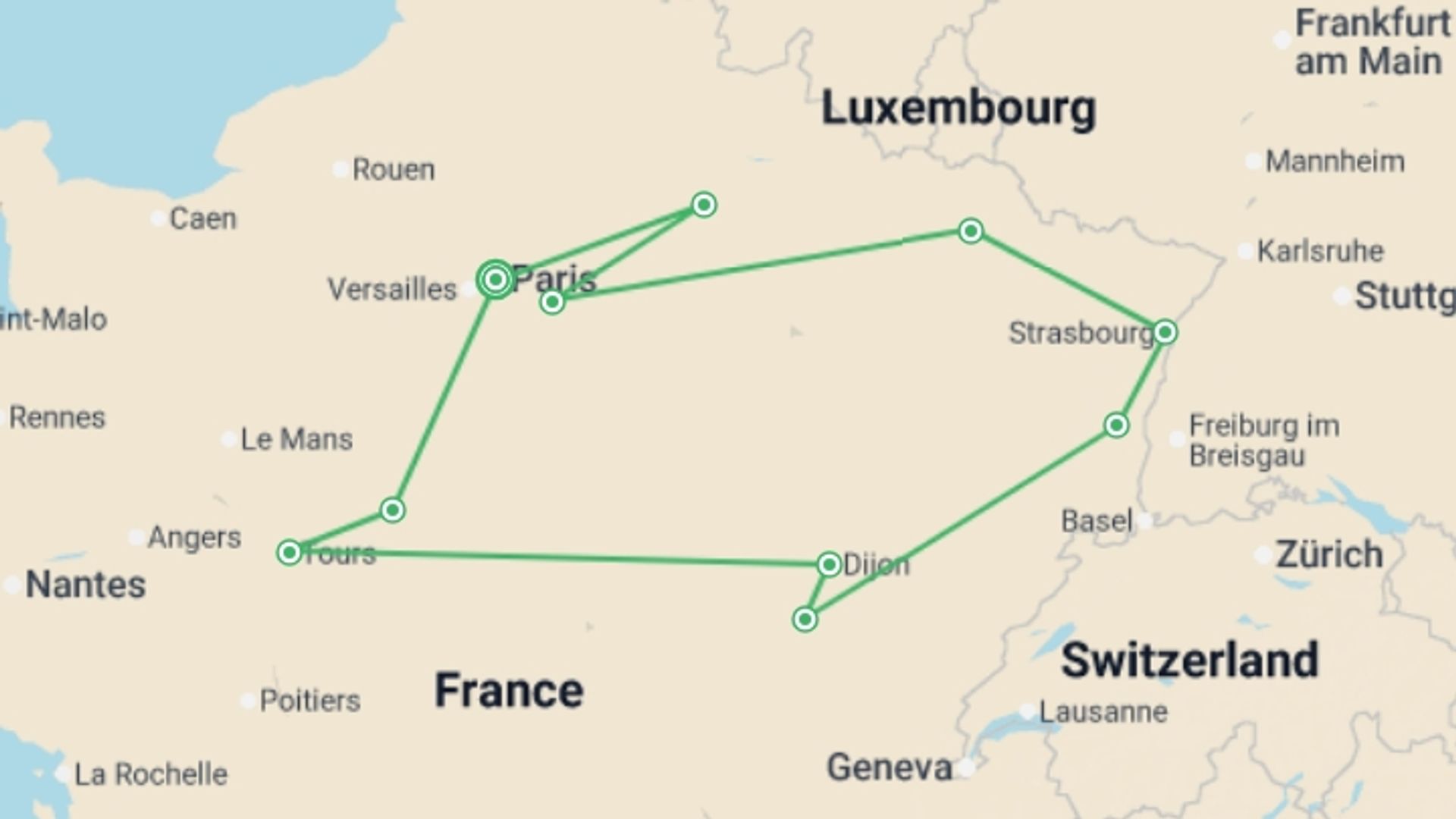 A map showing the tour itinerary for the trip: French Christmas Markets, starting in Paris, France and ending in Paris, France going through 4 other destinations.