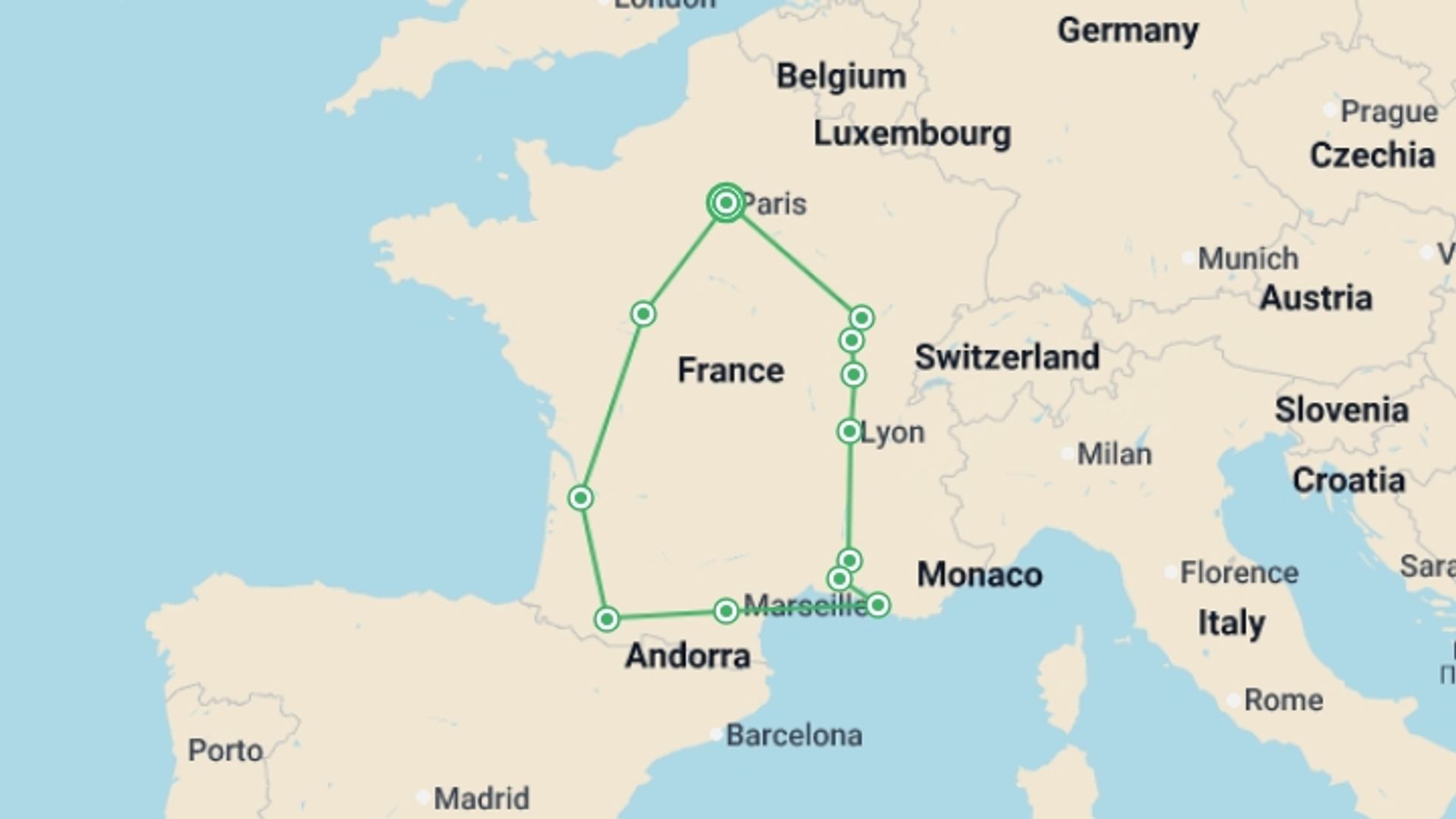 A map showing the tour itinerary for the trip: Romantic France, starting in Paris, France and ending in Paris, France going through 5 other destinations.