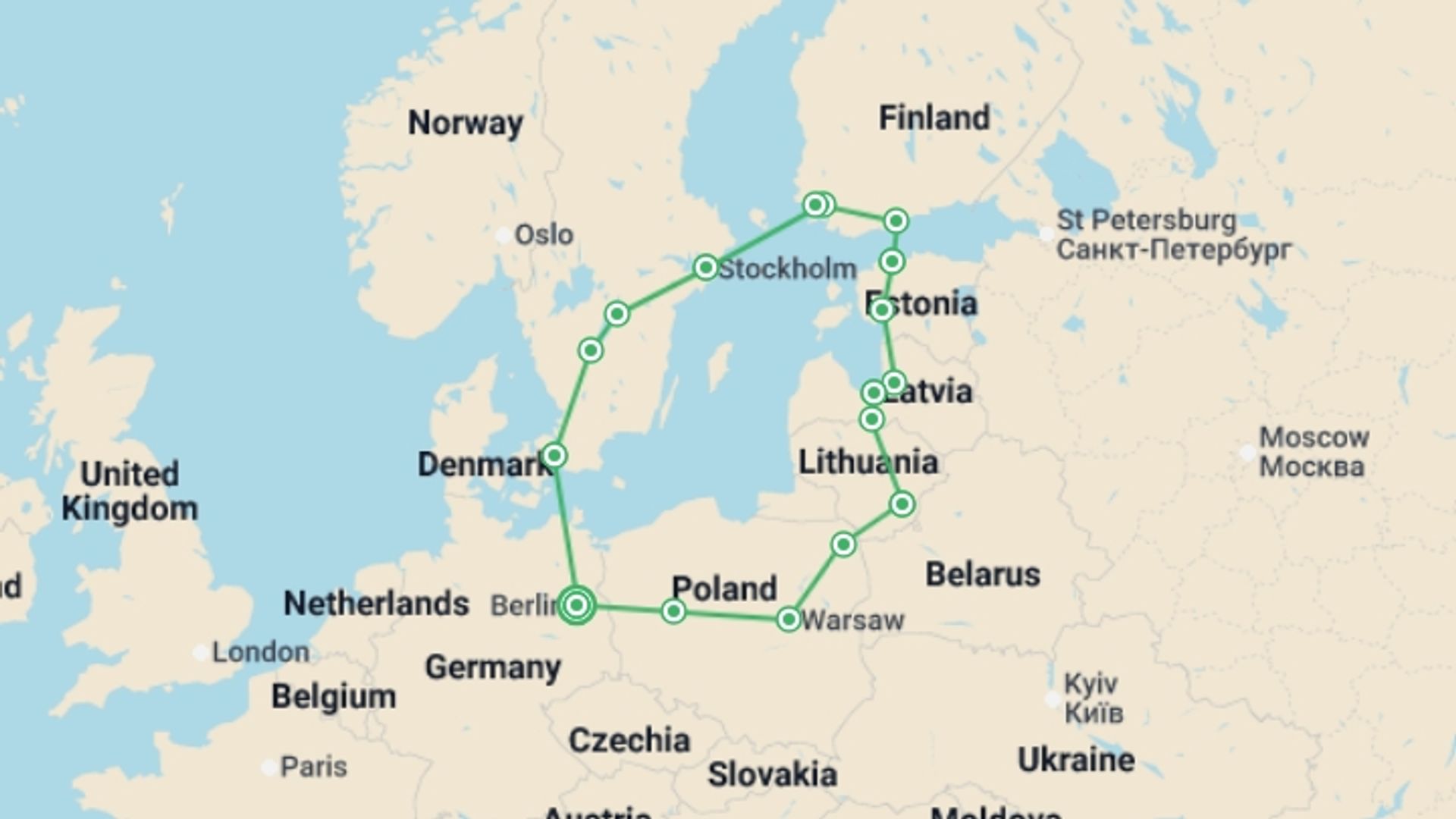 A map showing the tour itinerary for the trip: Northern Dream, starting in Berlin, Germany and ending in Berlin, Germany going through 9 other destinations.